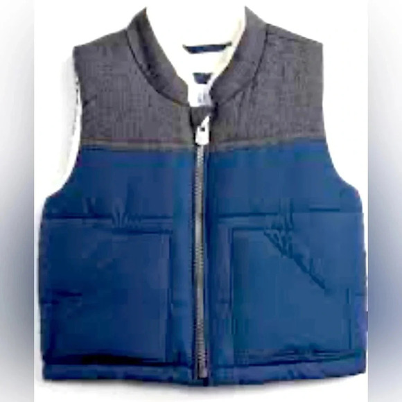 Baby Gap puffer vest jacket Sherpa lined Full zip Navy & Gray Size 6-12 mos - Picture 9 of 9